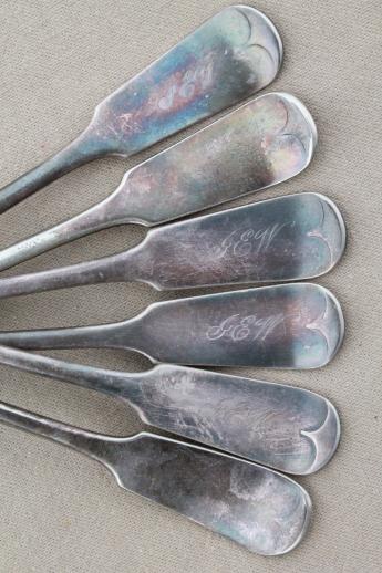 photo of antique silver forks w/ script monogram, heavy antique hotel silver plate Reed & Barton #3