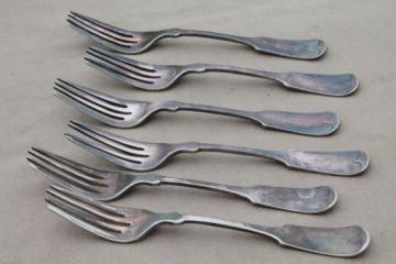 catalog photo of antique silver forks w/ script monogram, heavy antique hotel silver plate Reed & Barton