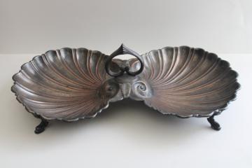 antique silver over copper seashells center handle tray or serving dish, scallop shells