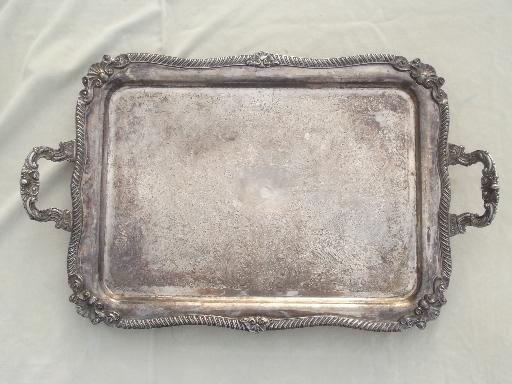 photo of antique silver over copper tray, huge vintage estate silver plate serving tray #4