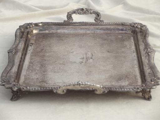 photo of antique silver over copper tray, huge vintage estate silver plate serving tray #5