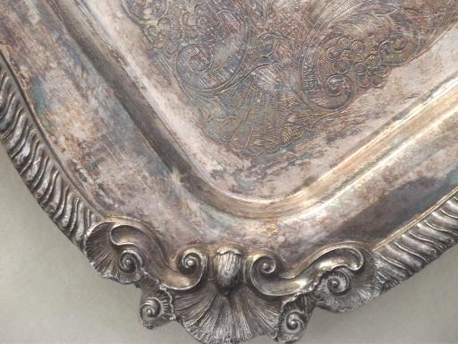 photo of antique silver over copper tray, huge vintage estate silver plate serving tray #6