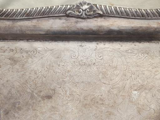 photo of antique silver over copper tray, huge vintage estate silver plate serving tray #7
