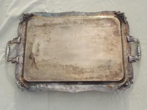 photo of antique silver over copper tray, huge vintage estate silver plate serving tray #10