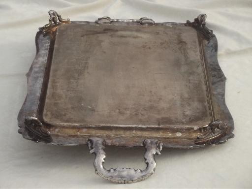 photo of antique silver over copper tray, huge vintage estate silver plate serving tray #11