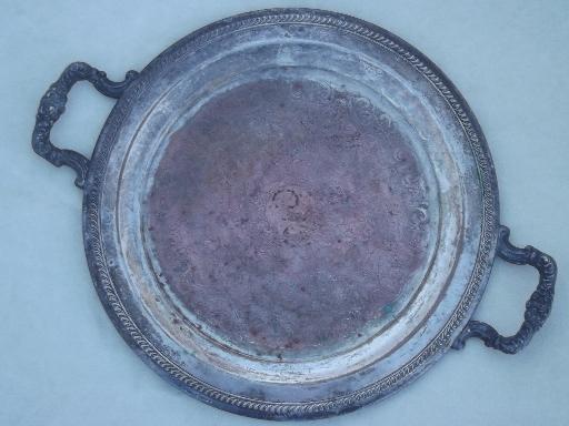 photo of antique silver over copper tray, vintage silver plate tray w/ handles #1