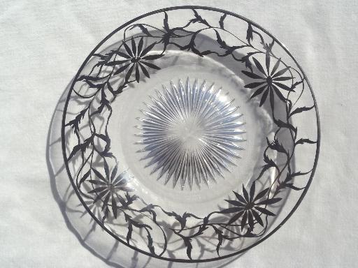 photo of antique silver overlay glass plate, tarnished silver deposit decorated serving plate #1