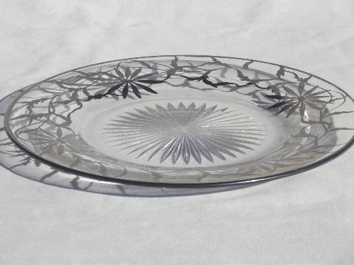 photo of antique silver overlay glass plate, tarnished silver deposit decorated serving plate #2