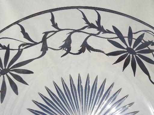 photo of antique silver overlay glass plate, tarnished silver deposit decorated serving plate #4