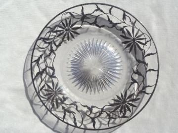 catalog photo of antique silver overlay glass plate, tarnished silver deposit decorated serving plate