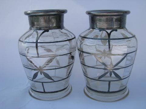 photo of antique silver overlay hand-painted glass perfume, vintage vanity bottles #1