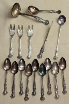 catalog photo of antique silver plate flatware, 1904 vintage grapes pattern silverware, very ornate