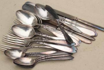 catalog photo of antique silver plate flatware, engraved J monogram set Rogers Queen Ann silverware