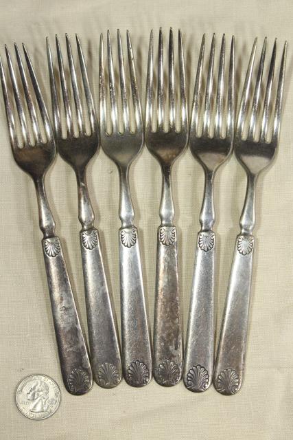 photo of antique silver plate flatware, heavy hotel silverware classical shell 1847 Rogers #1