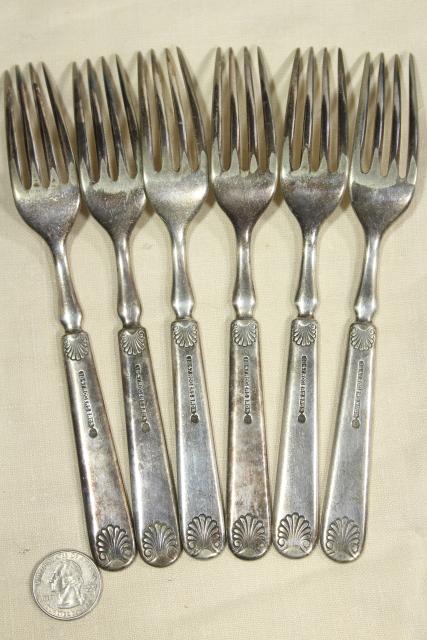 photo of antique silver plate flatware, heavy hotel silverware classical shell 1847 Rogers #5