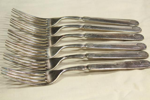 photo of antique silver plate flatware, heavy hotel silverware classical shell 1847 Rogers #7