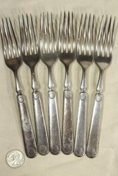 catalog photo of antique silver plate flatware, heavy hotel silverware classical shell 1847 Rogers