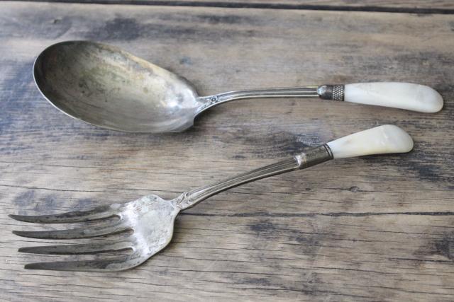 photo of antique silver plate flatware, serving fork & berry scoop spoon w/ mother of pearl shell handles #1