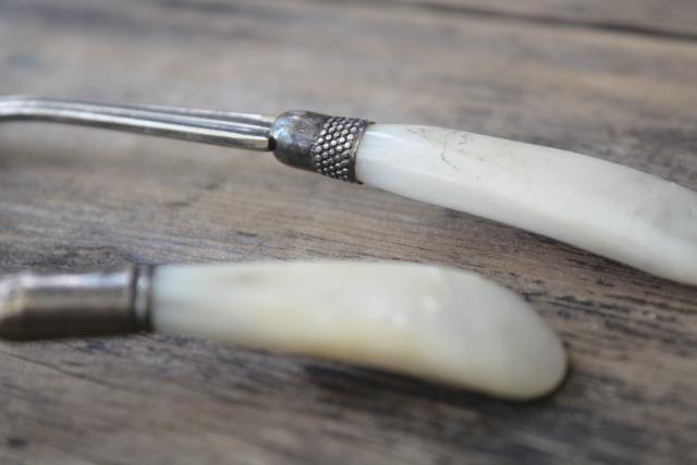 photo of antique silver plate flatware, serving fork & berry scoop spoon w/ mother of pearl shell handles #2