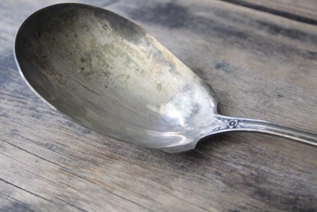 photo of antique silver plate flatware, serving fork & berry scoop spoon w/ mother of pearl shell handles #4