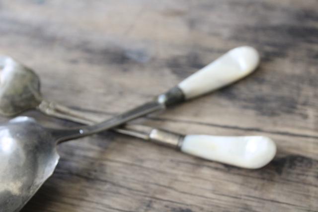 photo of antique silver plate flatware, serving fork & berry scoop spoon w/ mother of pearl shell handles #5