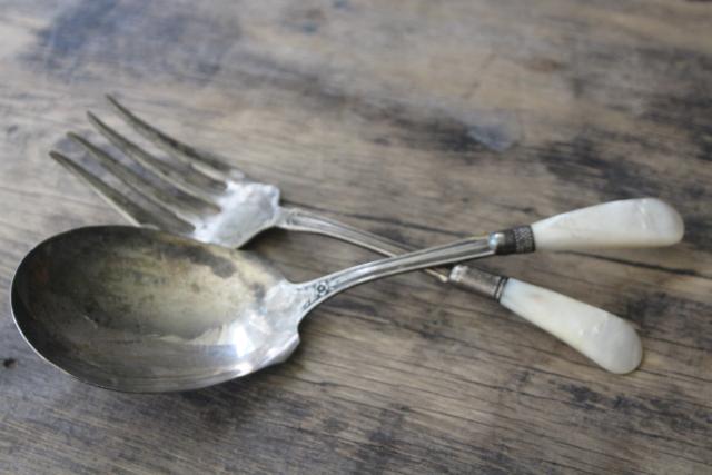 photo of antique silver plate flatware, serving fork & berry scoop spoon w/ mother of pearl shell handles #6