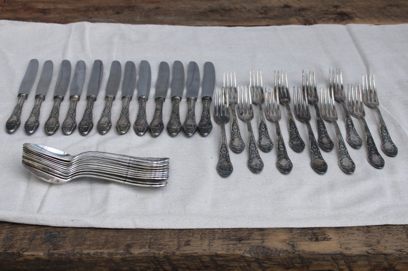 photo of antique silver plate flatware, turn of the century Germany large heavy ornate spoons, dinner forks, knives  #1