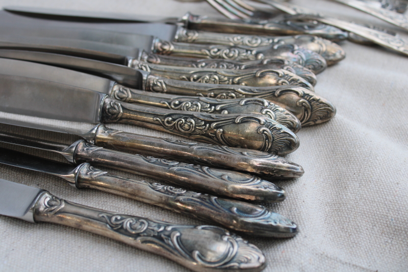 photo of antique silver plate flatware, turn of the century Germany large heavy ornate spoons, dinner forks, knives  #3