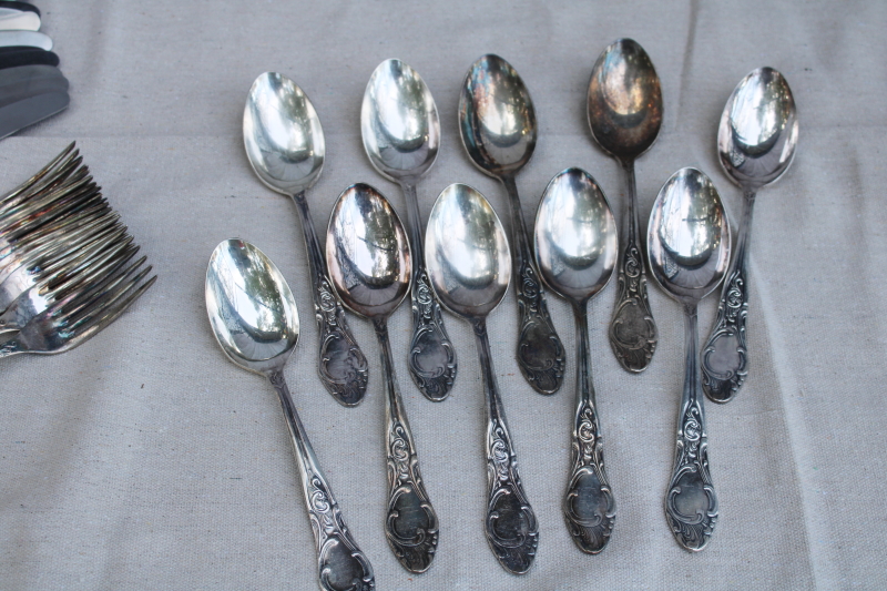 photo of antique silver plate flatware, turn of the century Germany large heavy ornate spoons, dinner forks, knives  #6