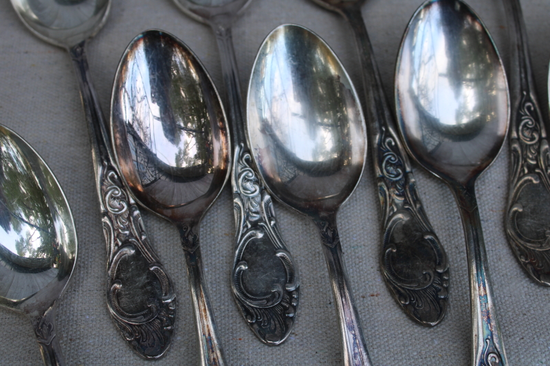 photo of antique silver plate flatware, turn of the century Germany large heavy ornate spoons, dinner forks, knives  #7