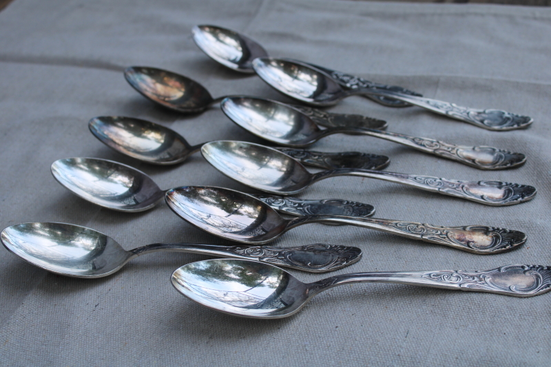 photo of antique silver plate flatware, turn of the century Germany large heavy ornate spoons, dinner forks, knives  #8