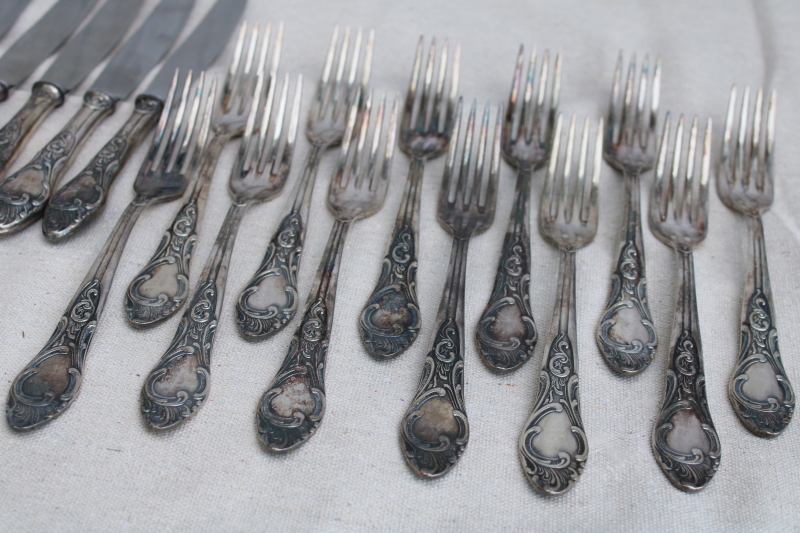 photo of antique silver plate flatware, turn of the century Germany large heavy ornate spoons, dinner forks, knives  #12