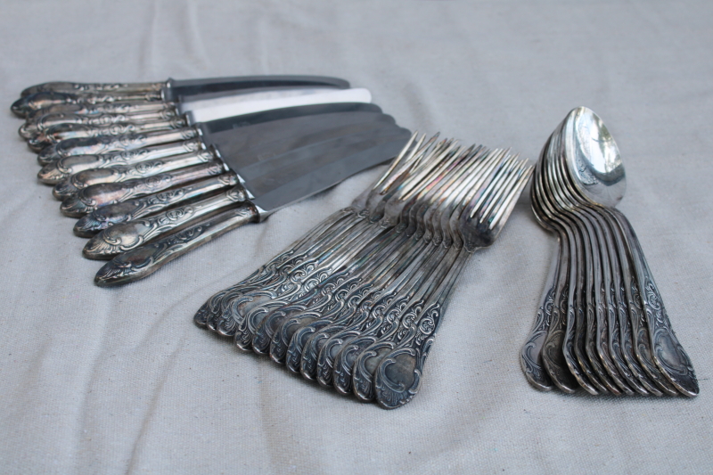 photo of antique silver plate flatware, turn of the century Germany large heavy ornate spoons, dinner forks, knives  #13