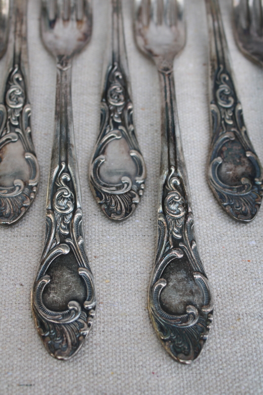 photo of antique silver plate flatware, turn of the century Germany large heavy ornate spoons, dinner forks, knives  #14