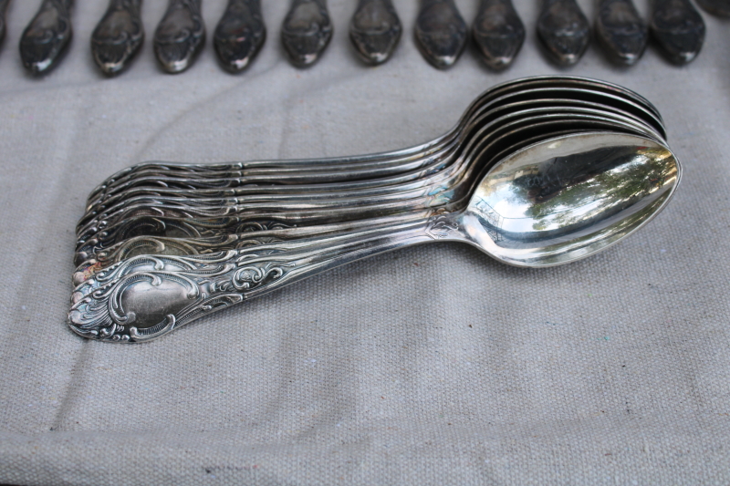 photo of antique silver plate flatware, turn of the century Germany large heavy ornate spoons, dinner forks, knives  #15