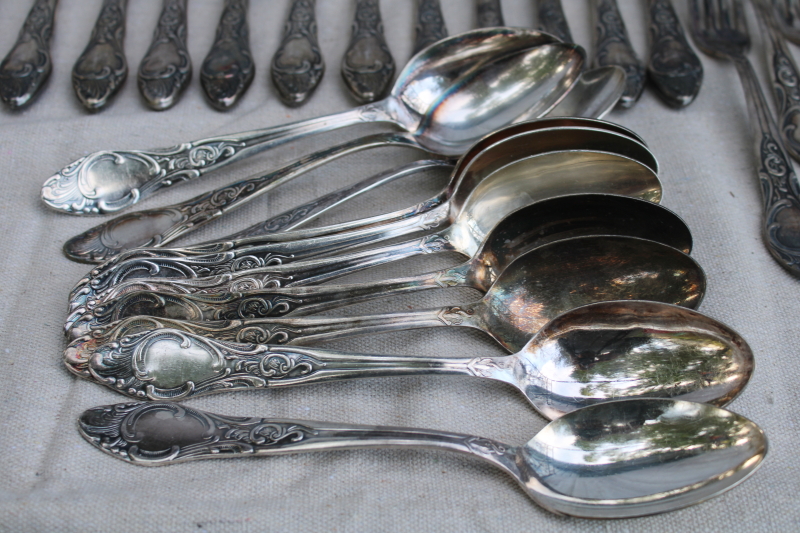 photo of antique silver plate flatware, turn of the century Germany large heavy ornate spoons, dinner forks, knives  #16