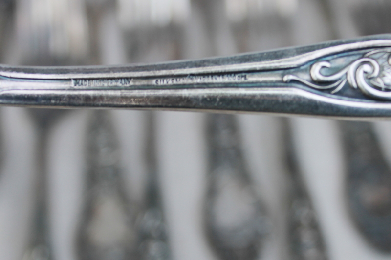 photo of antique silver plate flatware, turn of the century Germany large heavy ornate spoons, dinner forks, knives  #17