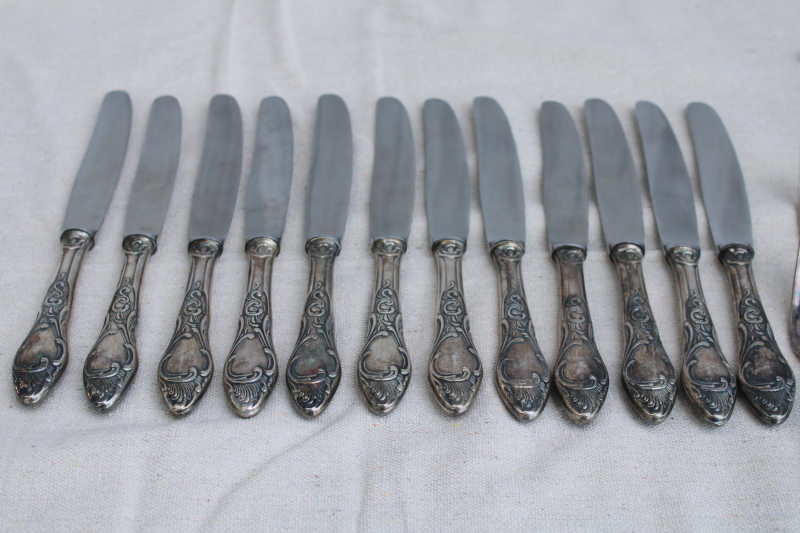 photo of antique silver plate flatware, turn of the century Germany large heavy ornate spoons, dinner forks, knives  #19
