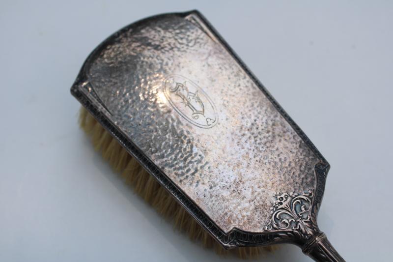 photo of antique silver plate hairbrush, vintage natural bristle brush w/ ornate monogram B #1
