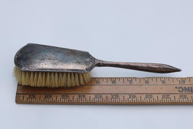 photo of antique silver plate hairbrush, vintage natural bristle brush w/ ornate monogram B #3