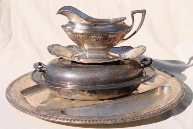 photo of antique silver serving pieces, tarnished old silverplate roast platter, gravy boat dated 1914 #1