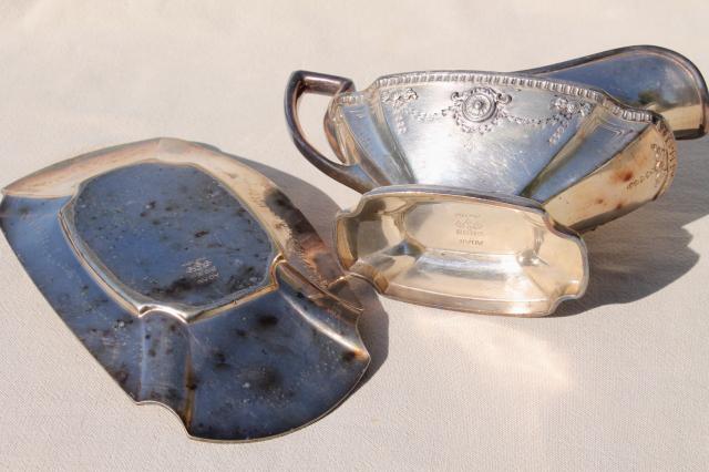 photo of antique silver serving pieces, tarnished old silverplate roast platter, gravy boat dated 1914 #2