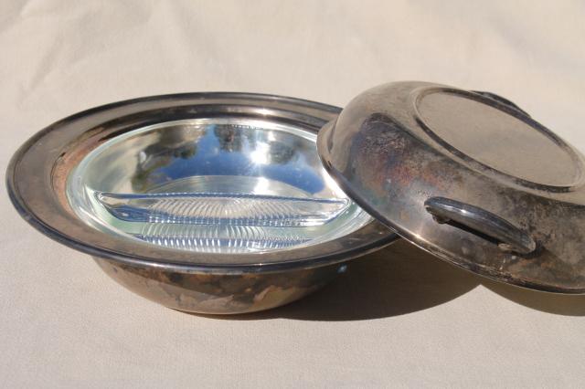 photo of antique silver serving pieces, tarnished old silverplate roast platter, gravy boat dated 1914 #6