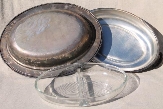 photo of antique silver serving pieces, tarnished old silverplate roast platter, gravy boat dated 1914 #7