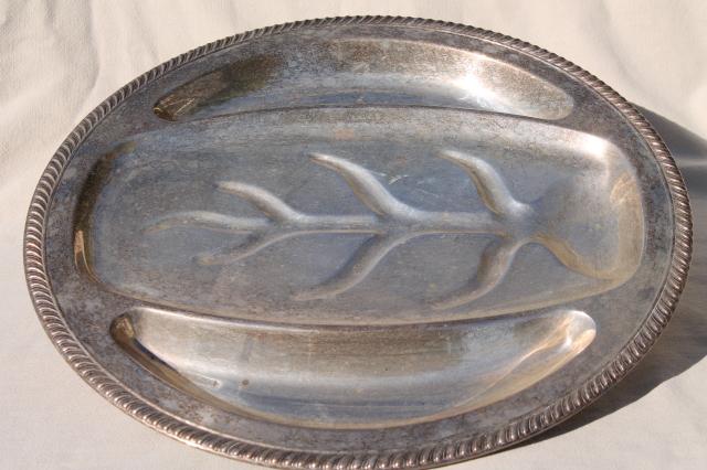 photo of antique silver serving pieces, tarnished old silverplate roast platter, gravy boat dated 1914 #8