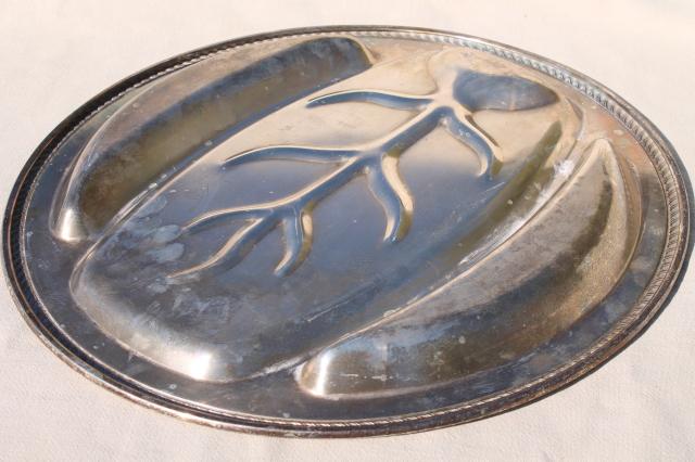 photo of antique silver serving pieces, tarnished old silverplate roast platter, gravy boat dated 1914 #10