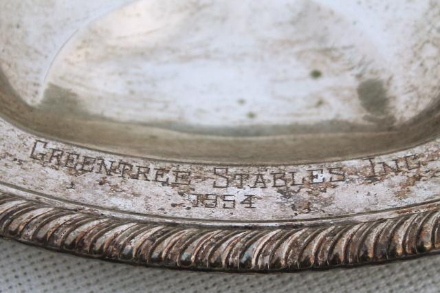 photo of antique silver serving pieces, tarnished old silverplate roast platter, gravy boat dated 1914 #11