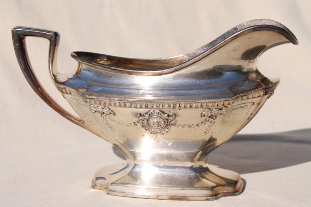 photo of antique silver serving pieces, tarnished old silverplate roast platter, gravy boat dated 1914 #13