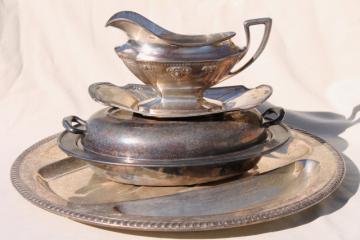 catalog photo of antique silver serving pieces, tarnished old silverplate roast platter, gravy boat dated 1914