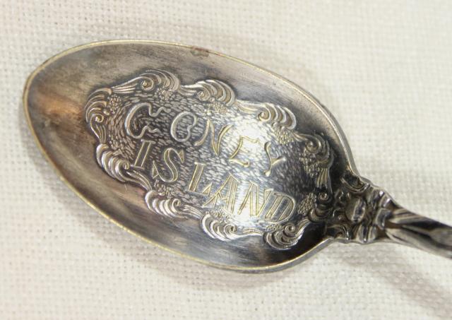 photo of antique silver souvenir spoon Coney Island embossed etched all over design #6